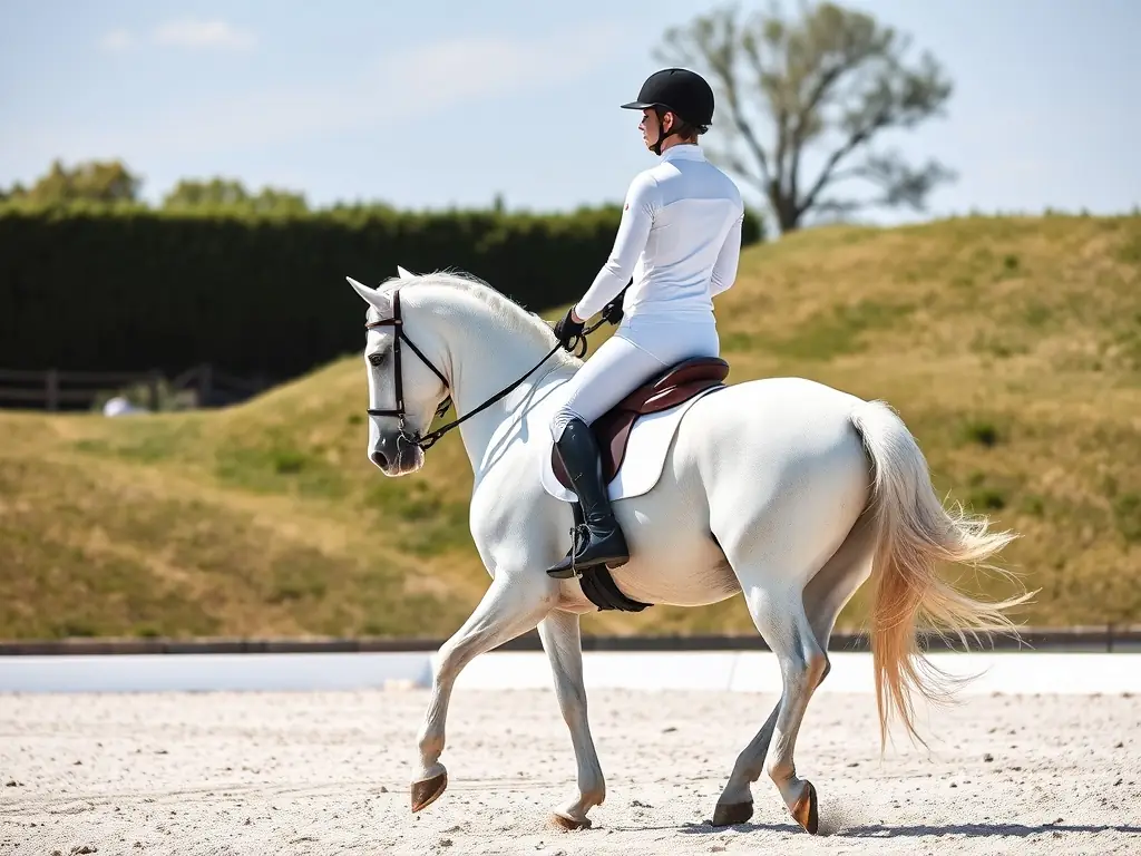 A high-quality photograph depicting a rider and horse gracefully performing a dressage routine in an outdoor arena at ECURIE DU MAS, showcasing precision and elegance.