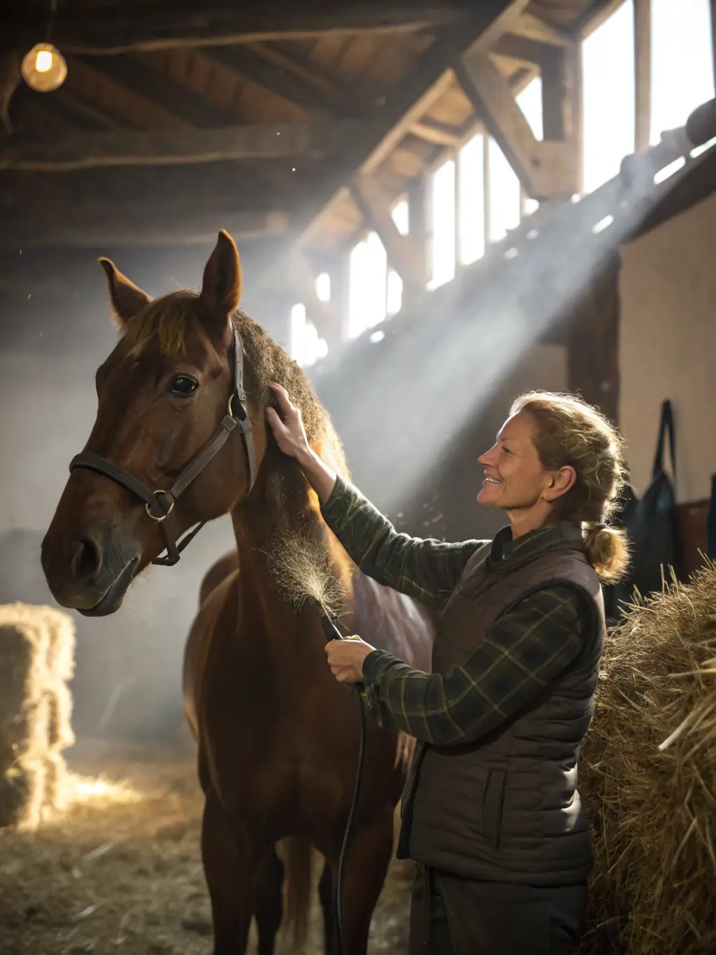 A close-up shot of a horse being groomed and cared for at ECURIE DU MAS, emphasizing the importance of animal welfare and responsible horsemanship.