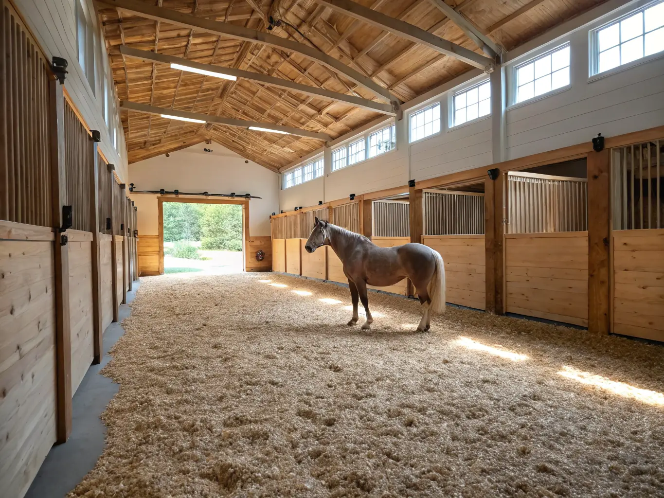 A serene photograph of horses in their stables at ECURIE DU MAS, highlighting the clean and comfortable environment provided for their well-being.