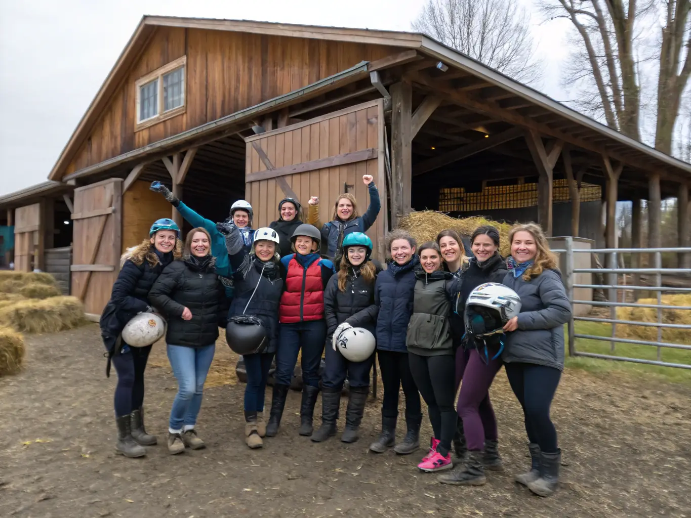A group of riders and trainers smiling and interacting in a friendly manner at ECURIE DU MAS, illustrating the supportive and inclusive community atmosphere.