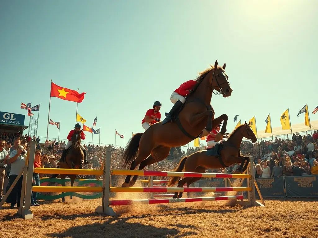 A vibrant image capturing a show jumping competition at ECURIE DU MAS, with a rider and horse clearing a jump against a backdrop of cheering spectators.