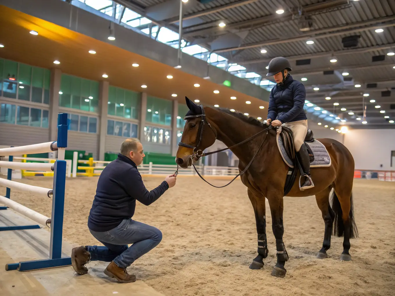 A high-quality photograph showcasing a skilled equestrian trainer guiding a rider during a dressage session at ECURIE DU MAS, emphasizing the personalized attention and expert instruction provided.